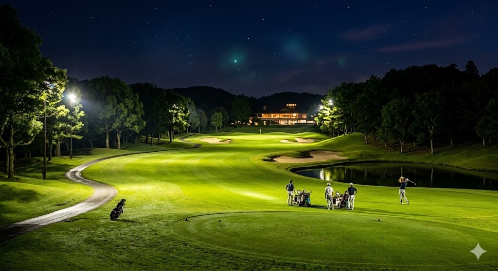 夜のナイターゴルフコース|ライトアップされたフェアウェイ